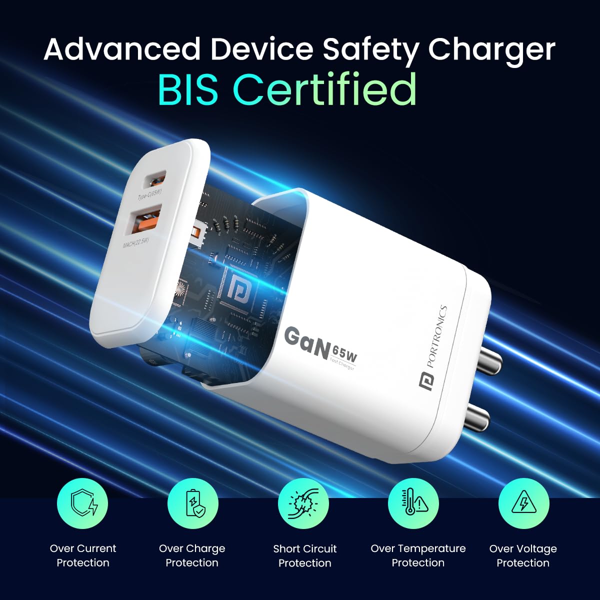 Portronics Adapto 65X 65 W Dual Ports Outputs GaN Fast PD Charger Comes with 100 W Type C to Type C Fast Charging Cable,Compatible with Laptop,MacBook,iPhone 8 and Above,Tablet (White) - CarrotKart | India's first Open Box ecommerce platform