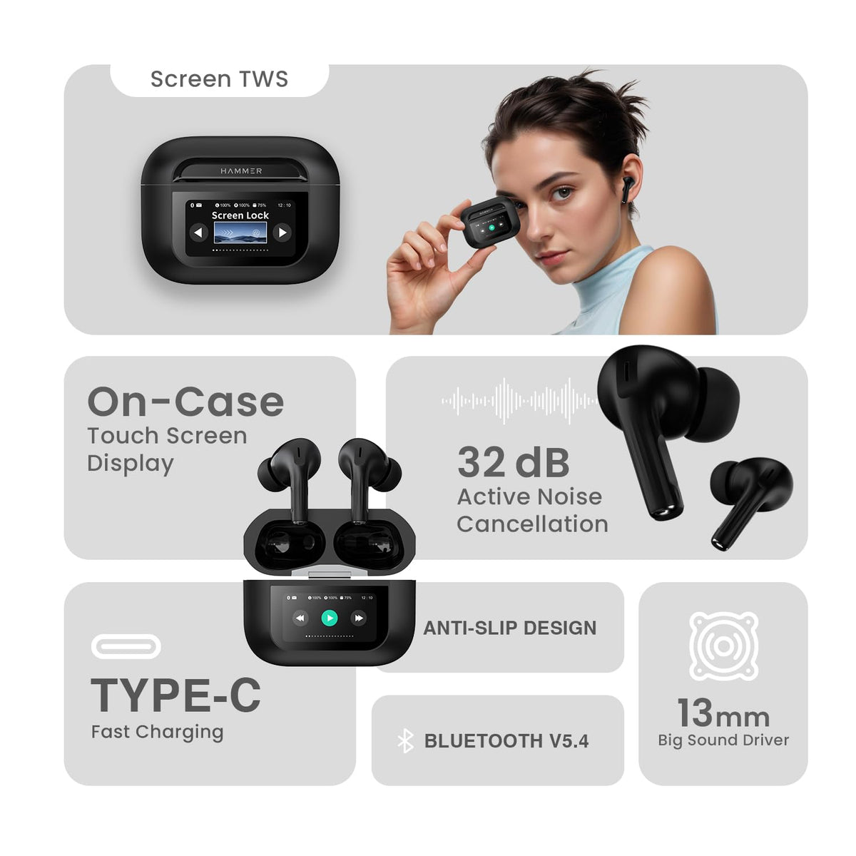 Hammer Screen TWS Earbuds with ANC On-Case Display - CarrotKart | India's first Open Box ecommerce platform