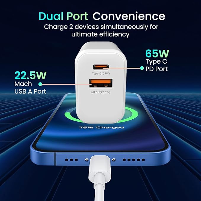 Portronics Adapto 65X 65 W Dual Ports Outputs GaN Fast PD Charger Comes with 100 W Type C to Type C Fast Charging Cable,Compatible with Laptop,MacBook,iPhone 8 and Above,Tablet (White) - CarrotKart | India's first Open Box ecommerce platform