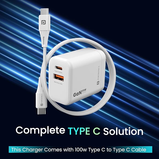 Portronics Adapto 65X 65 W Dual Ports Outputs GaN Fast PD Charger Comes with 100 W Type C to Type C Fast Charging Cable,Compatible with Laptop,MacBook,iPhone 8 and Above,Tablet (White) - CarrotKart | India's first Open Box ecommerce platform