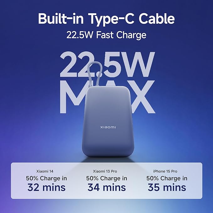 Xiaomi Pocket Power Bank 10000mAh 22.5W with Built-in Cable | Super Fast Charging PD |Smart 12 Layer Protection|Triple Output Ports|Supports Android,Apple, Tablets, Earbuds,Watch(MI Powerbank),Blue - CarrotKart | India's first Open Box ecommerce platform