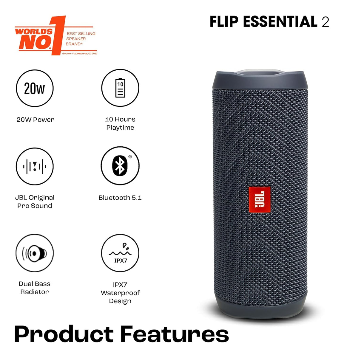 JBL Flip Essential 2, Wireless Portable Bluetooth Speaker with Deep Base, IPX7 Water & Dustproof (Without Mic, Black) - CarrotKart | India's first Open Box ecommerce platform