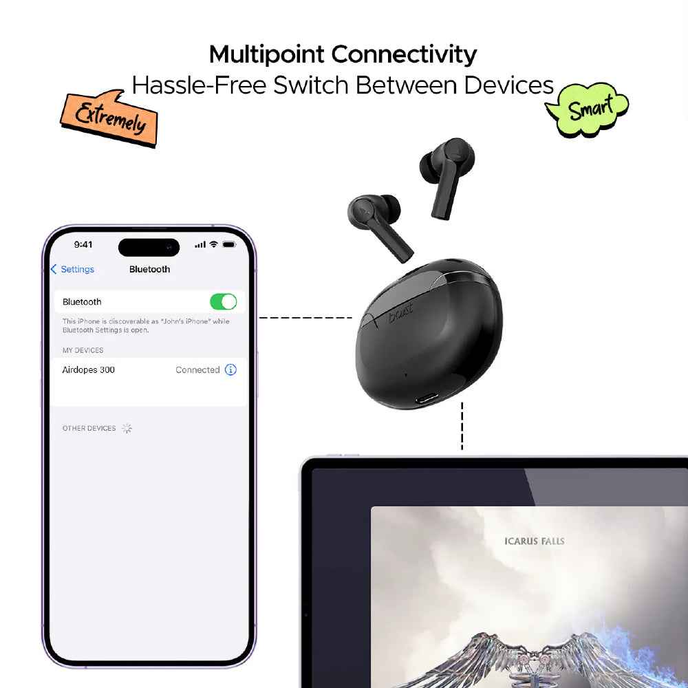 BoAt Airdopes 300 Wireless Earbuds with 50 Hours Playback, Quad Mics AI ENx™ Tech, ASAP™ Charge, Spatial Audio