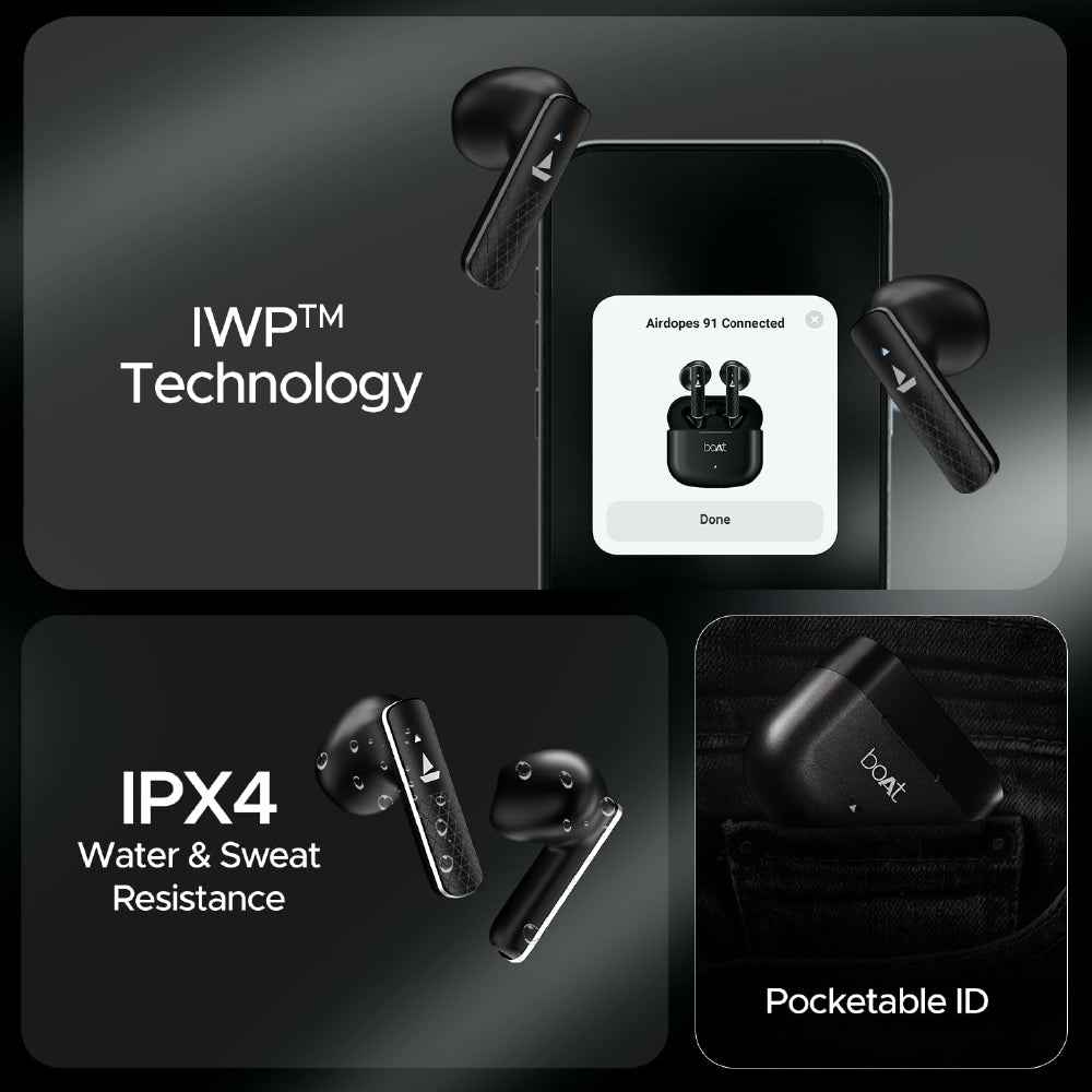 boAt Airdopes 91 Prime v5.3 Bluetooth TWS in Ear Earbuds Wireless Earphones with mic (Midnight Black) with Sounce Aidop Cover