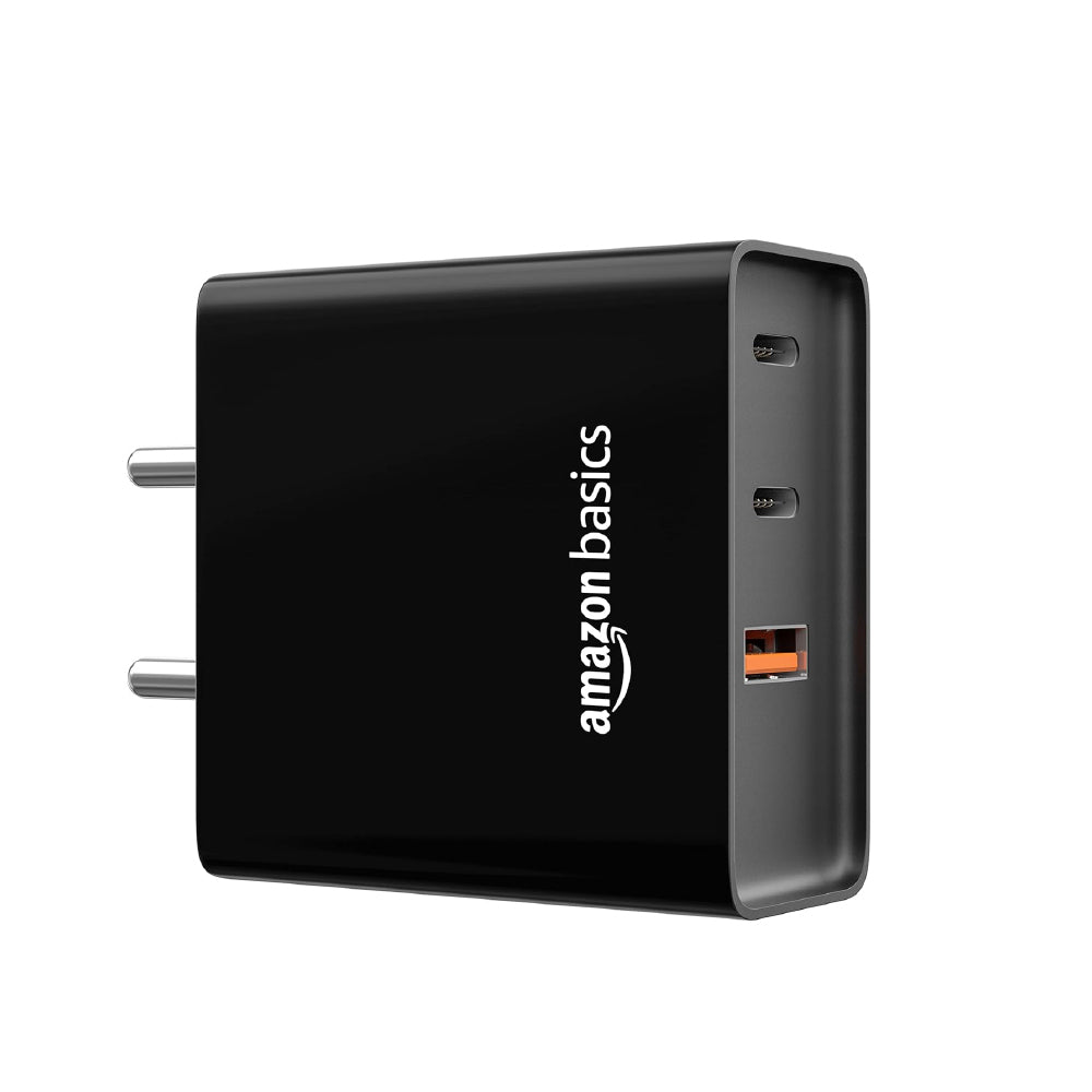 amazon basics High Power 65W Mobile/Laptop Charger Dual Port Output With Type-C Charging Cable (Black) - CarrotKart | India's first Open Box ecommerce platform