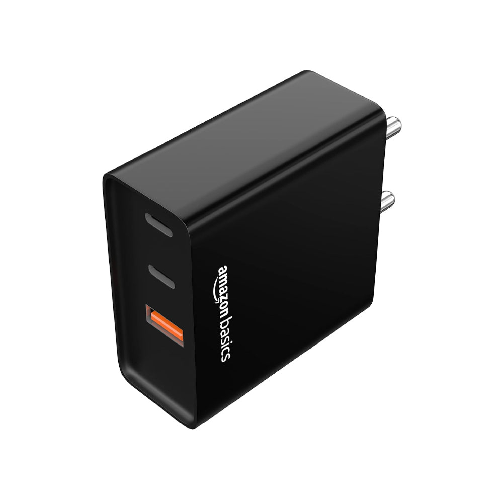 amazon basics High Power 65W Mobile/Laptop Charger Dual Port Output With Type-C Charging Cable (Black) - CarrotKart | India's first Open Box ecommerce platform