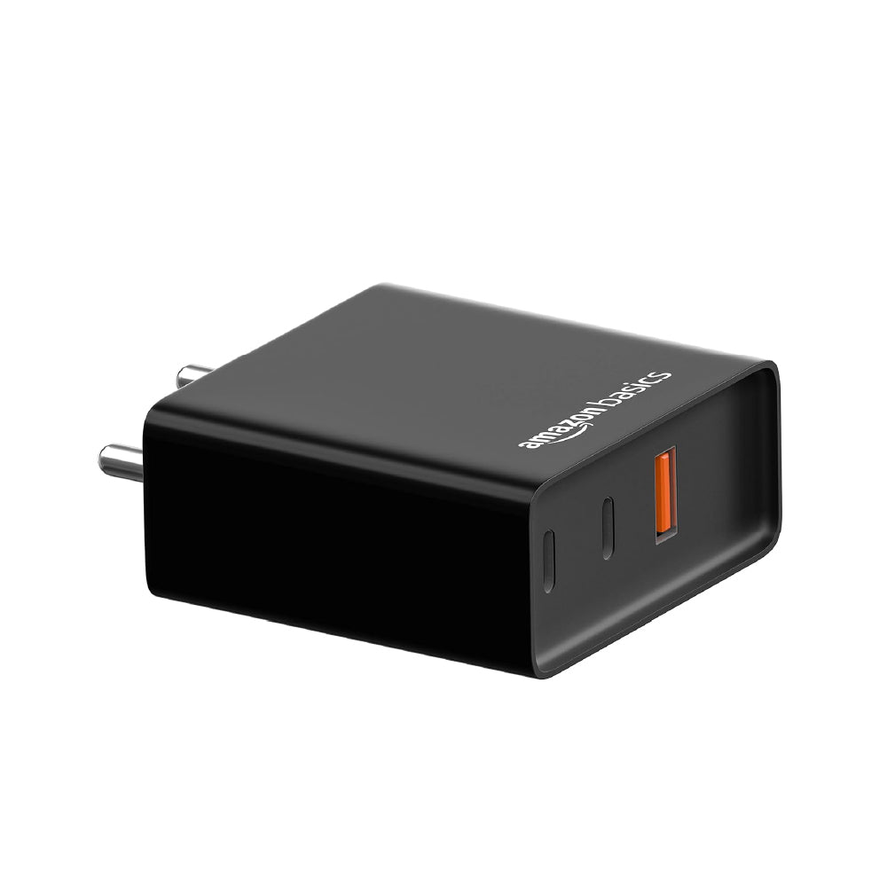 amazon basics High Power 65W Mobile/Laptop Charger Dual Port Output With Type-C Charging Cable (Black) - CarrotKart | India's first Open Box ecommerce platform