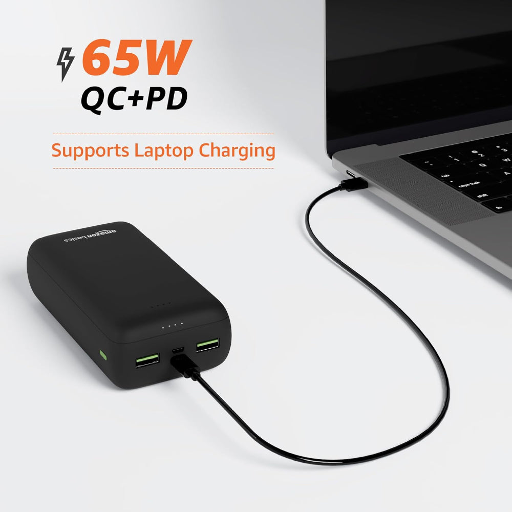 Amazon Basics 27000 Mah 65W Ultra Fast Charging Power Bank | USB Type-C Input, USB Type A Power Delivery (Input & Output) | Quick Charge | Two-Way Fast Charging (Black) - CarrotKart | India's first Open Box ecommerce platform