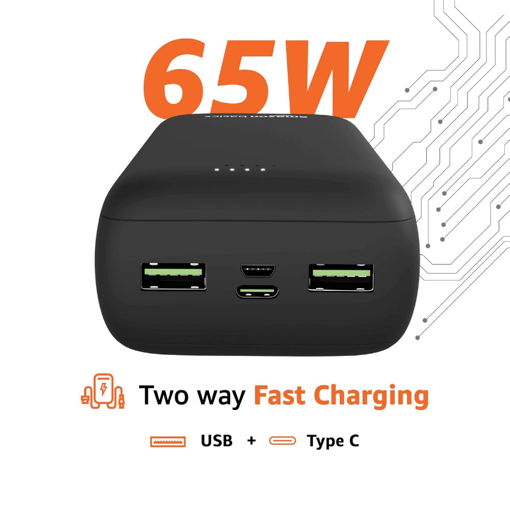 Amazon Basics 27000 Mah 65W Ultra Fast Charging Power Bank | USB Type-C Input, USB Type A Power Delivery (Input & Output) | Quick Charge | Two-Way Fast Charging (Black) - CarrotKart | India's first Open Box ecommerce platform