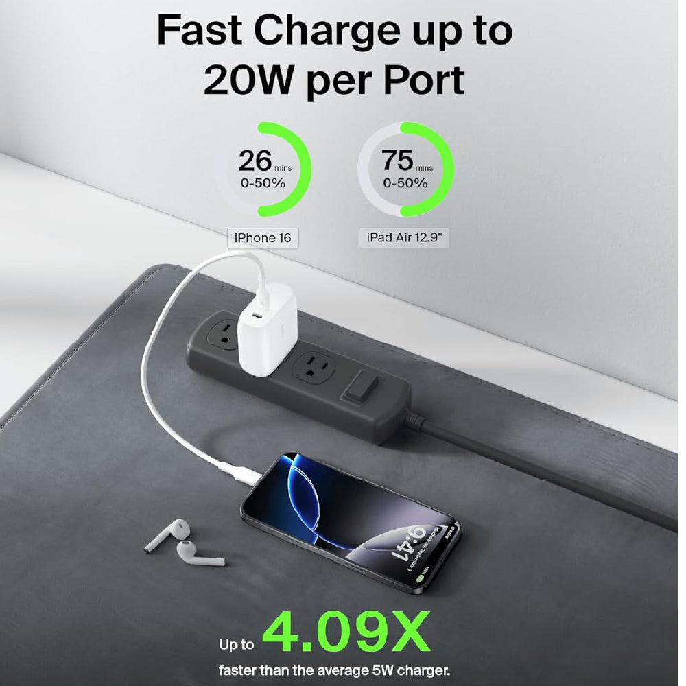 Belkin 40W (20W + 20W) Two Ports USB -C PD Wall Charger | Fast Charging for iPhone 17, Air, Pro, Pro Max, Samsung Galaxy S25, Google Pixel 10, iPad, AirPods, & More | 2 Years Warranty, White - CarrotKart | India's first Open Box ecommerce platform