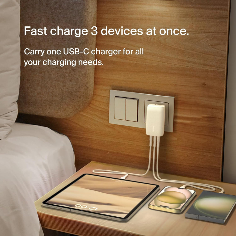 Belkin 67W (25W+20W+20W) 3-Port USB -C Wall Charger with PPS |Fast Charging Charger for iPhone 17, MacBook Pro, AirPods, Samsung Galaxy S25, Google Pixel 10, | 2 Years Warranty - CarrotKart | India's first Open Box ecommerce platform