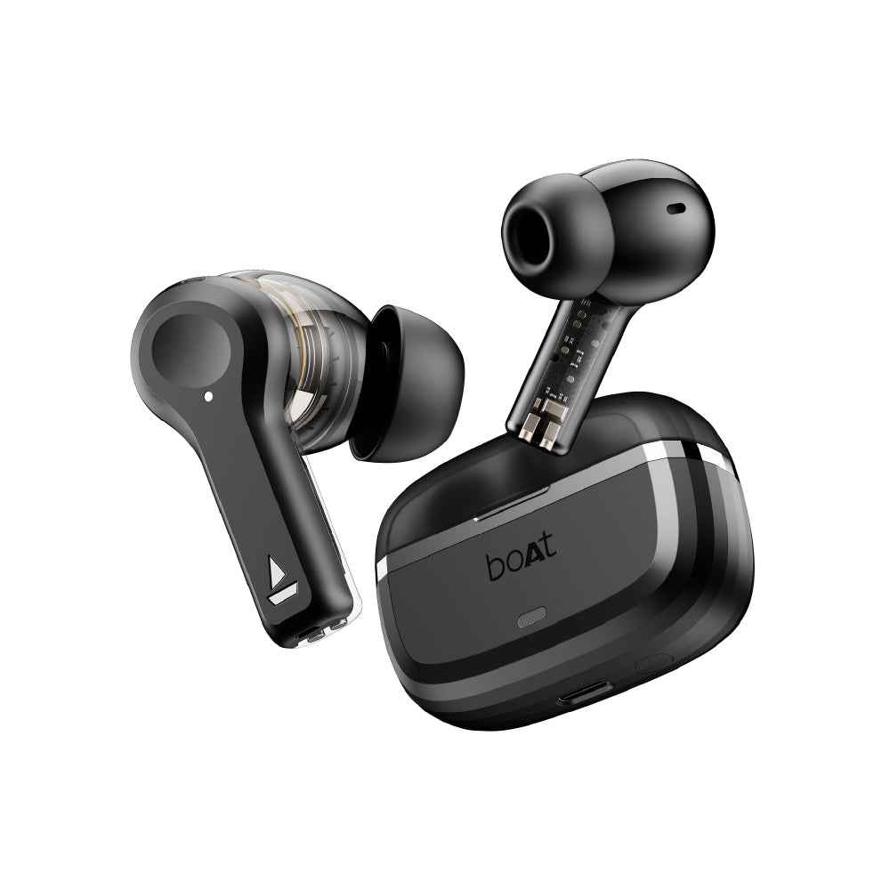 Boat Nirvana Space, 360º Spatial Audio, Active Noise Cancellation (~32dB), 100Hrs Battery,4Mics ENx, Fast Charge, v5.3 Bluetooth Earbuds, TWS Ear Buds Wireless Earphones with mic (Cosmic Black)