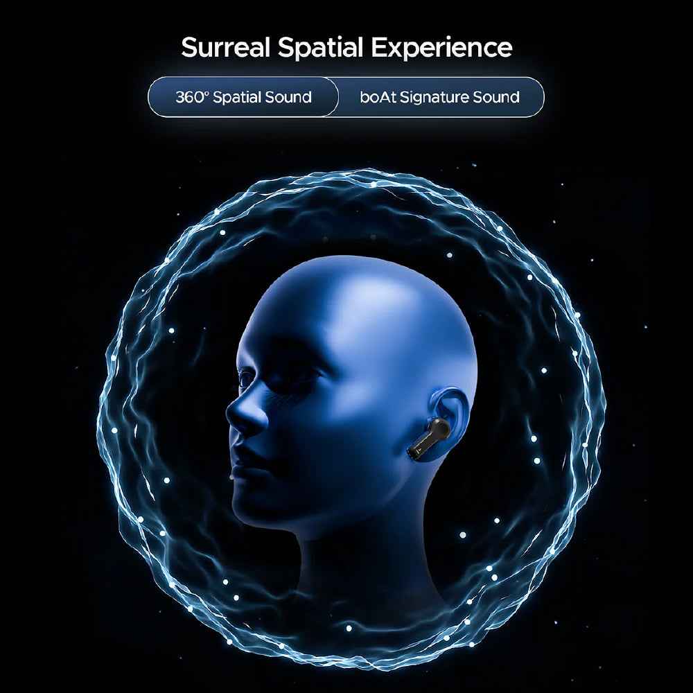 Boat Nirvana Space, 360º Spatial Audio, Active Noise Cancellation (~32dB), 100Hrs Battery,4Mics ENx, Fast Charge, v5.3 Bluetooth Earbuds, TWS Ear Buds Wireless Earphones with mic (Cosmic Black)