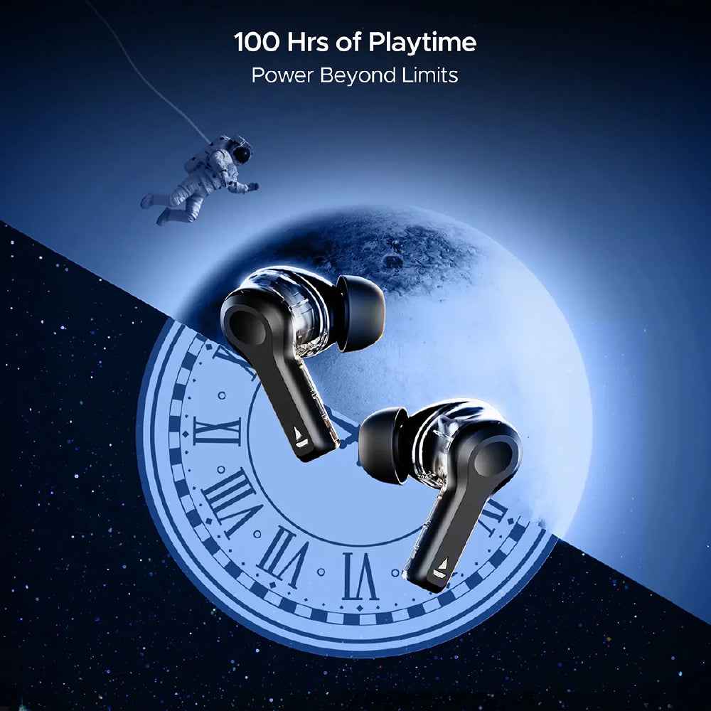 Boat Nirvana Space, 360º Spatial Audio, Active Noise Cancellation (~32dB), 100Hrs Battery,4Mics ENx, Fast Charge, v5.3 Bluetooth Earbuds, TWS Ear Buds Wireless Earphones with mic (Cosmic Black)