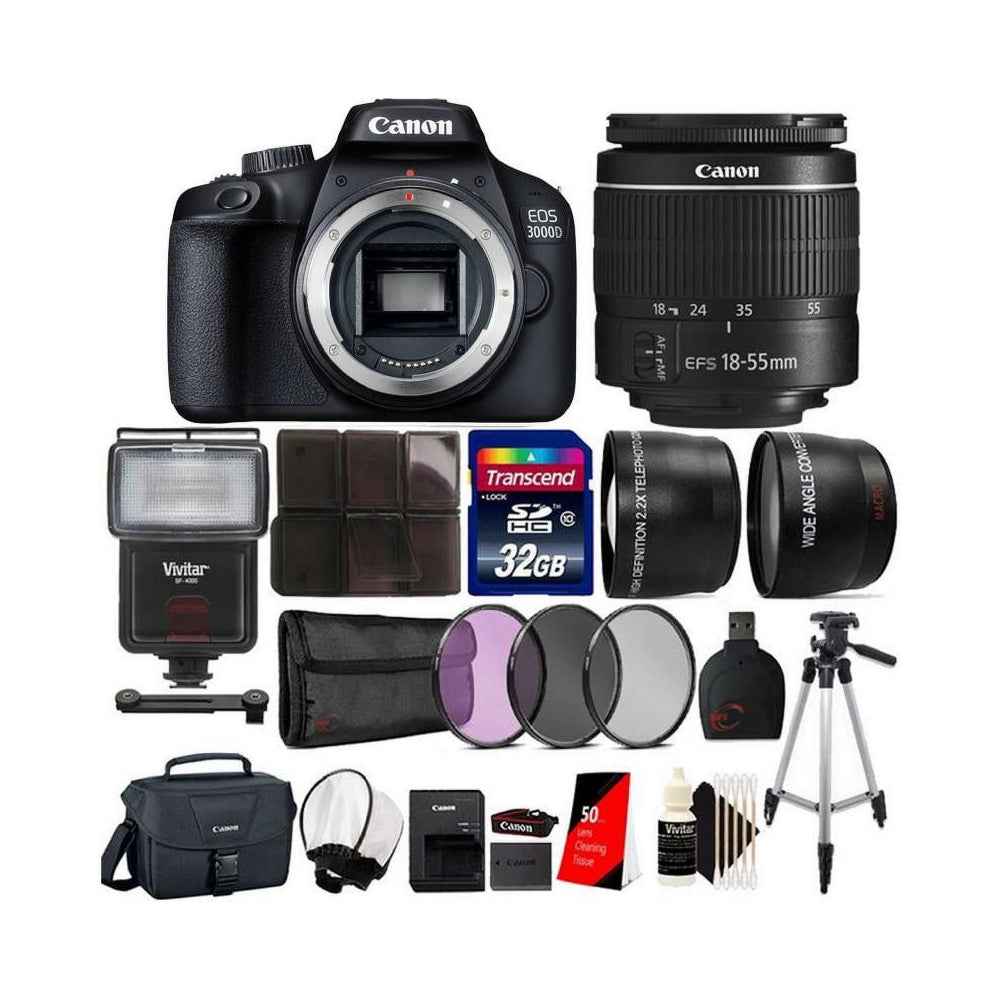 Canon EOS 3000D 18MP Digital SLR Camera (Black) with 18-55mm is II Lens, 16GB Card and Carry Case