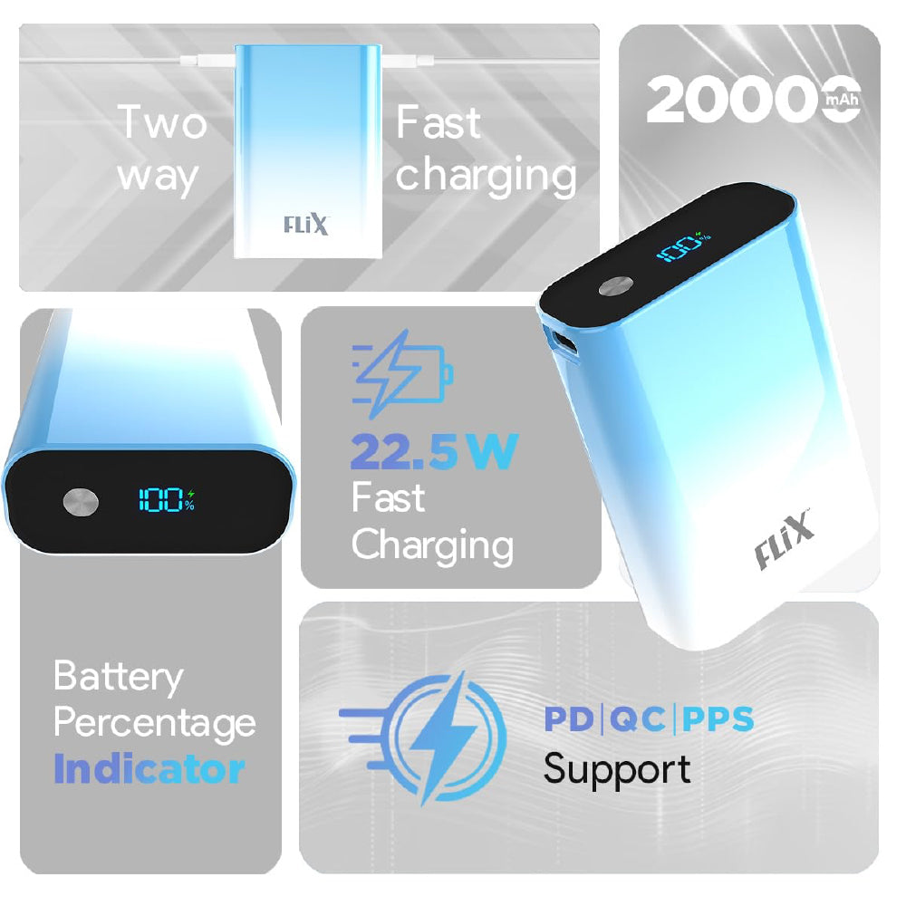 FLiX (Beetel) UltraCharge Duotone 20,000mAh 22.5W QC Pocket Power Delivery PPS Power Bank, Type C Input & Output, LED Percentage Display, Compatible iPhone, Samsung, Google (White + Blue) - CarrotKart | India's first Open Box ecommerce platform