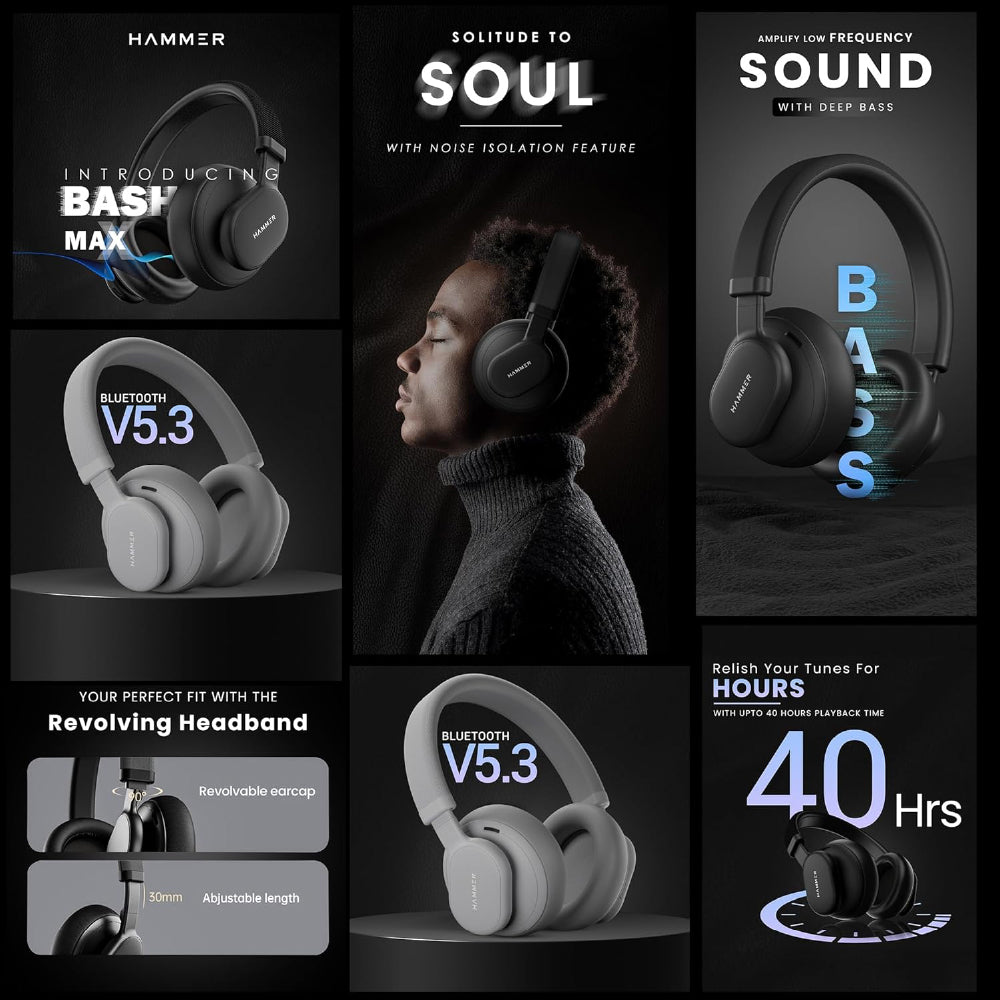HAMMER Bash Max Over The Ear Wireless Bluetooth Headphones with Mic, Touch Control, Deep Bass, Upto 40 Hours Playtime, Bluetooth 5.3, Workout/Travel (Black) - CarrotKart | India's first Open Box ecommerce platform