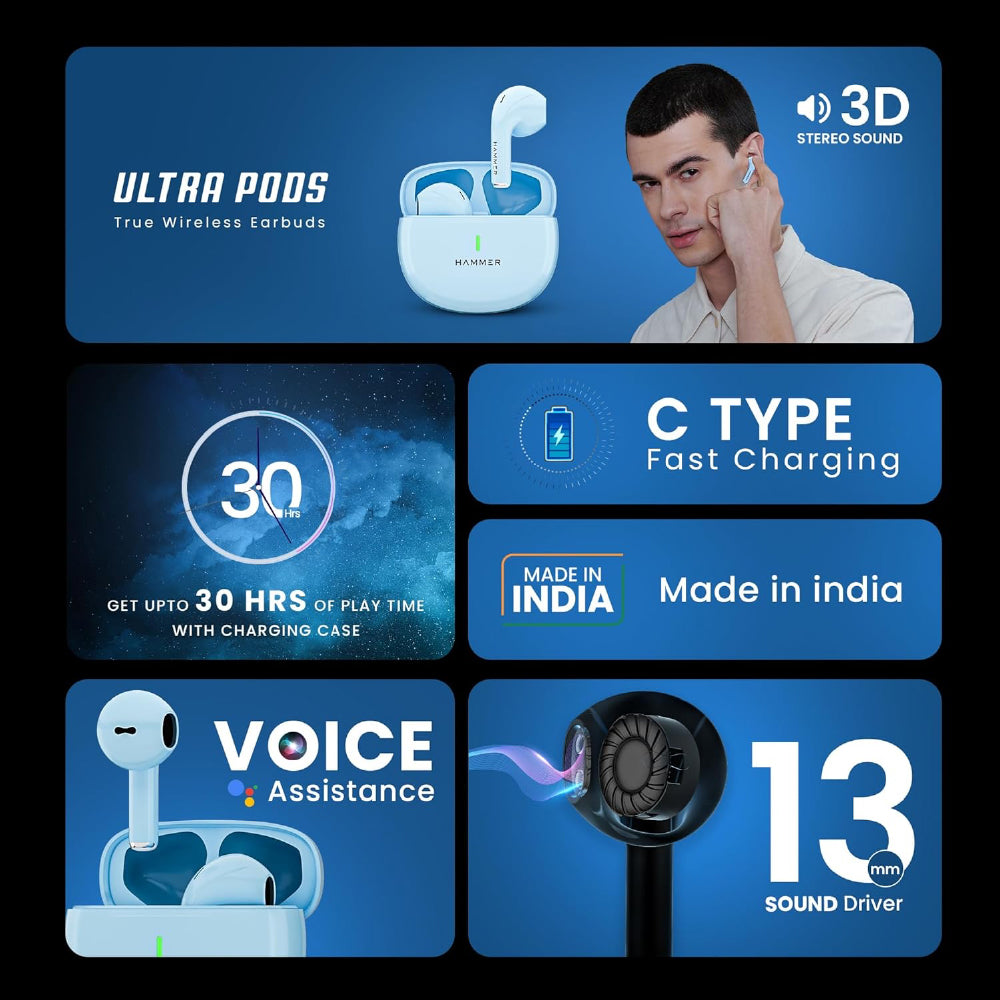 HAMMER New Launch Ultra Pods TWS Wireless Bluetooth Ear buds, Inbuilt Mic, 100H Standby Time, Earbuds with 30H Playtime, USB Type-C,13mm Dynamic Drivers, IPX5 Water Resistant Bluetooth Earphones(Blue) - CarrotKart | India's first Open Box ecommerce platform