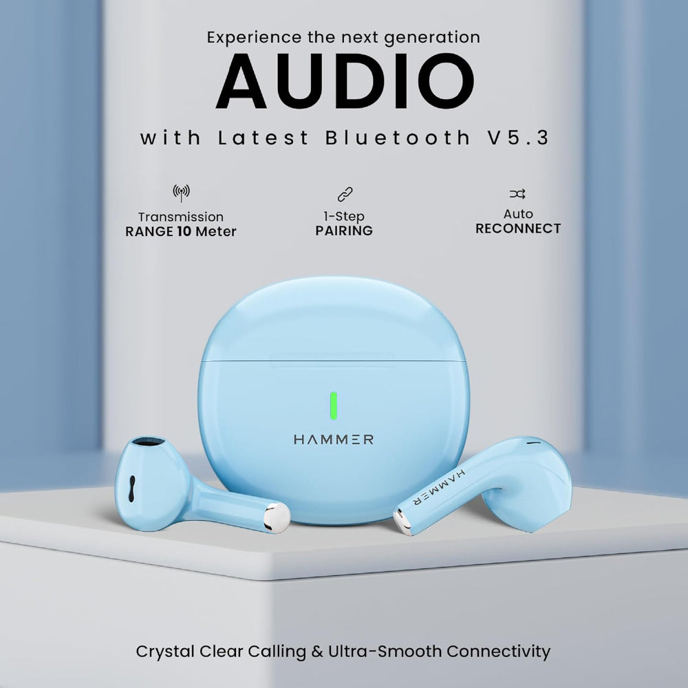HAMMER New Launch Ultra Pods TWS Wireless Bluetooth Ear buds, Inbuilt Mic, 100H Standby Time, Earbuds with 30H Playtime, USB Type-C,13mm Dynamic Drivers, IPX5 Water Resistant Bluetooth Earphones(Blue) - CarrotKart | India's first Open Box ecommerce platform