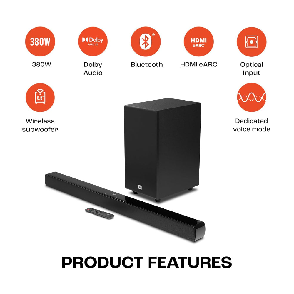JBL Cinema SB190 Deep Bass, Dolby Atmos Soundbar with Wireless Subwoofer for Extra Deep Bass, 2.1 Channel with Remote, Sound Mode for Voice Clarity, HDMI eARC, Bluetooth & Optical Connectivity (380W) - CarrotKart | India's first Open Box ecommerce platform