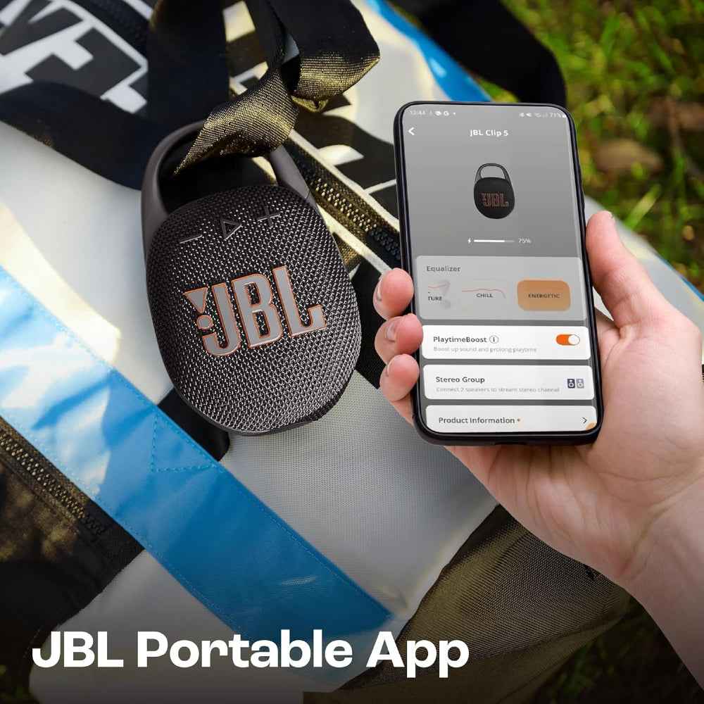 JBL Clip 5, Wireless Ultra Portable Bluetooth Speaker, Pro Sound, 12hrs of Playtime, Integrated Carabiner, Vibrant Colors with Rugged Fabric Design, Dust & Waterproof, Type C (Without Mic, Black)