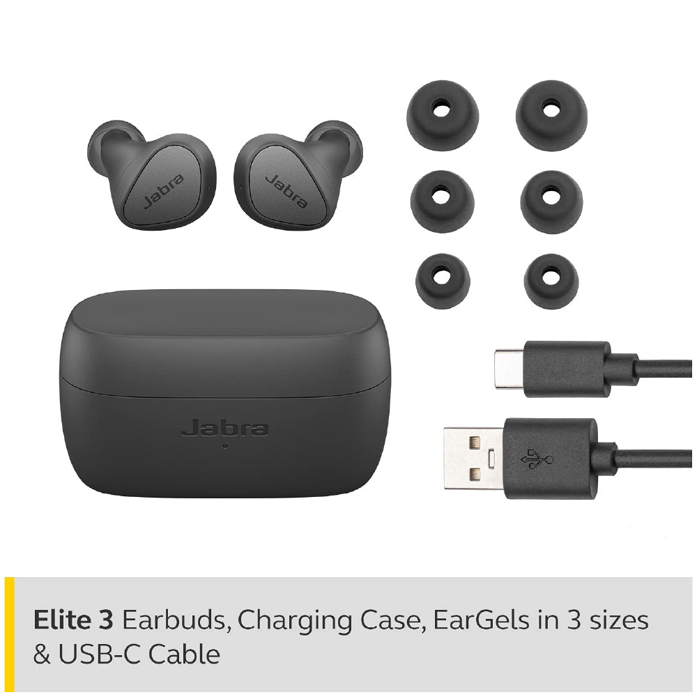 Jabra Elite 3 in Ear True Wireless Earbuds – Noise Isolating with 4 Built-in Microphones for Clear Calls, Rich Bass, Customizable Sound, Mono Mode - Dark Grey - CarrotKart | India's first Open Box ecommerce platform