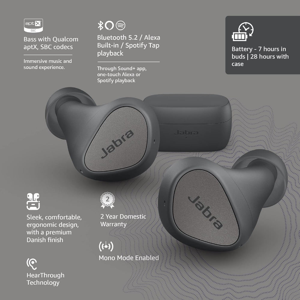 Jabra Elite 3 in Ear True Wireless Earbuds – Noise Isolating with 4 Built-in Microphones for Clear Calls, Rich Bass, Customizable Sound, Mono Mode - Dark Grey - CarrotKart | India's first Open Box ecommerce platform