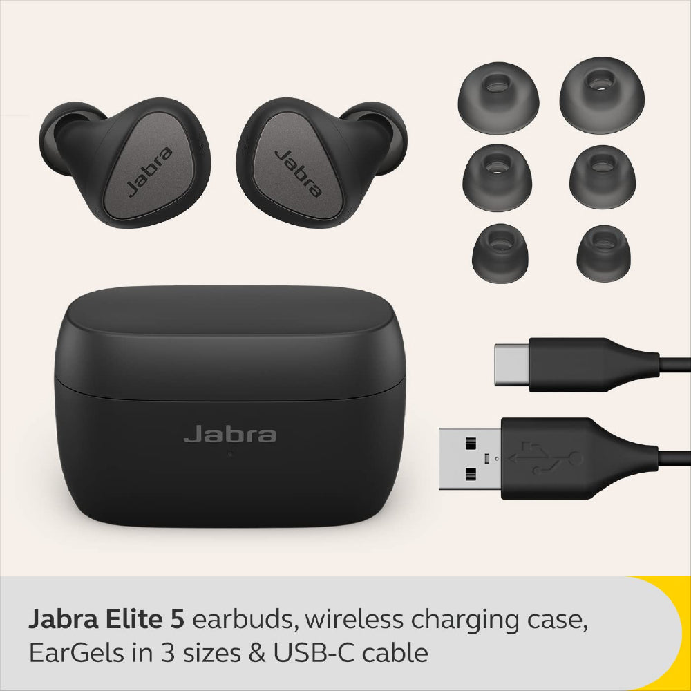 Jabra Elite 5 True Wireless in Ear Bluetooth Earbuds with Active Noise Cancellation, 6 Built-in Microphones for Clear Calls, Dual Pairing & Microsoft Swift Pair for Windows Devices - Titanium Black - CarrotKart | India's first Open Box ecommerce platform