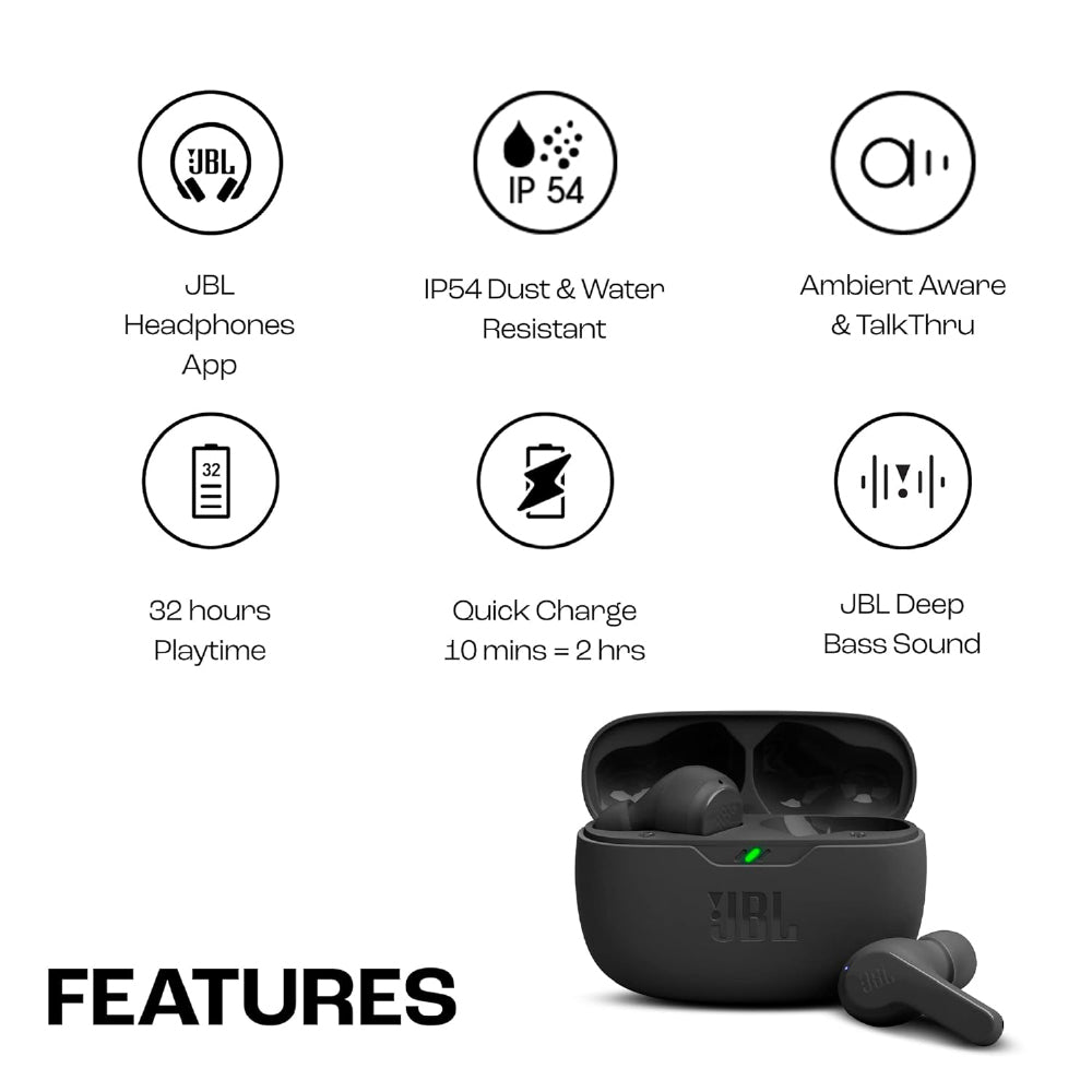 JBL Wave Buds TWS, 32Hr Playtime, IP54, Smart Ambient & TalkThru Mode, JBL App, Bluetooth (Black, In the Ear) - CarrotKart | India's first Open Box ecommerce platform