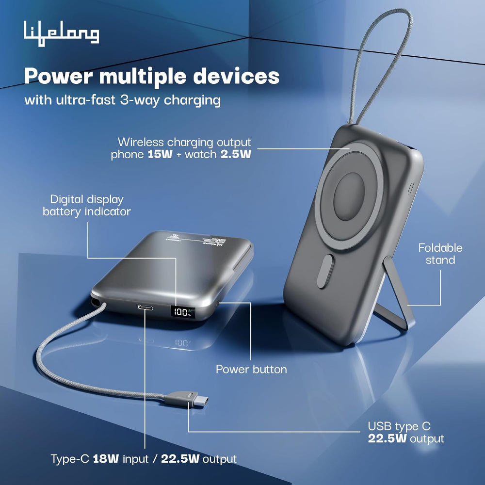 Lifelong Electronics 10000mAh MagSafe Wireless Fast Charging Power Bank for iPhone, Apple Watch, Airpods & All Qi Enabled Phones | QC 3.0 Powerbank (22.5W Output) | Cable & Stand + Extra Magnetic Ring - CarrotKart | India's first Open Box ecommerce platform