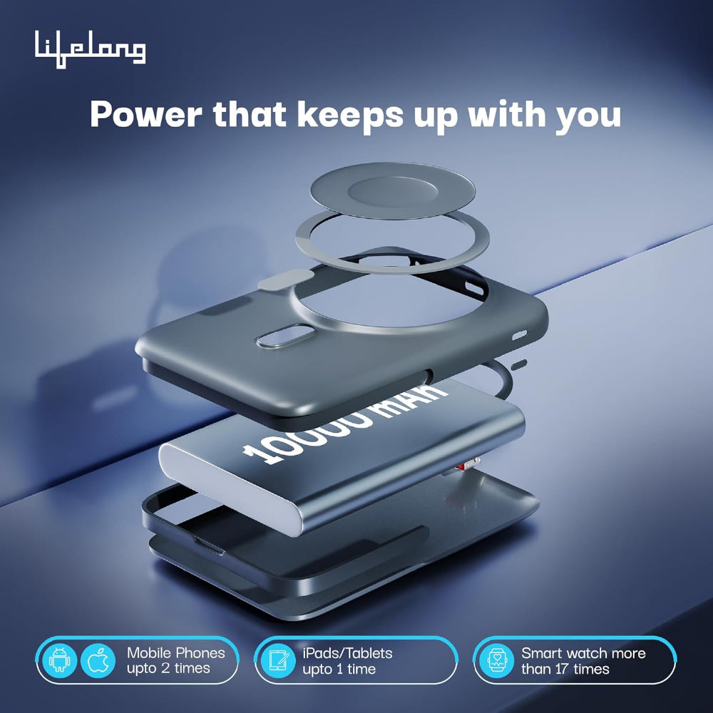 Lifelong Electronics 10000mAh MagSafe Wireless Fast Charging Power Bank for iPhone, Apple Watch, Airpods & All Qi Enabled Phones | QC 3.0 Powerbank (22.5W Output) | Cable & Stand + Extra Magnetic Ring - CarrotKart | India's first Open Box ecommerce platform