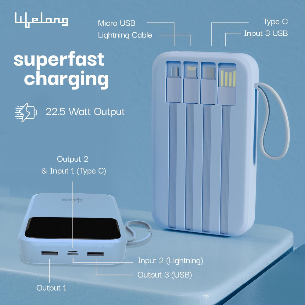 Lifelong Electronics 20000mAh 22.5W Fast Charging QC 3.0 Power Bank | 3 Inputs (in-Built Cable + Lightning + Type-C Port) | 6 Outputs (3 in-Built Cable + USB + Type-C Port) Blue - CarrotKart | India's first Open Box ecommerce platform