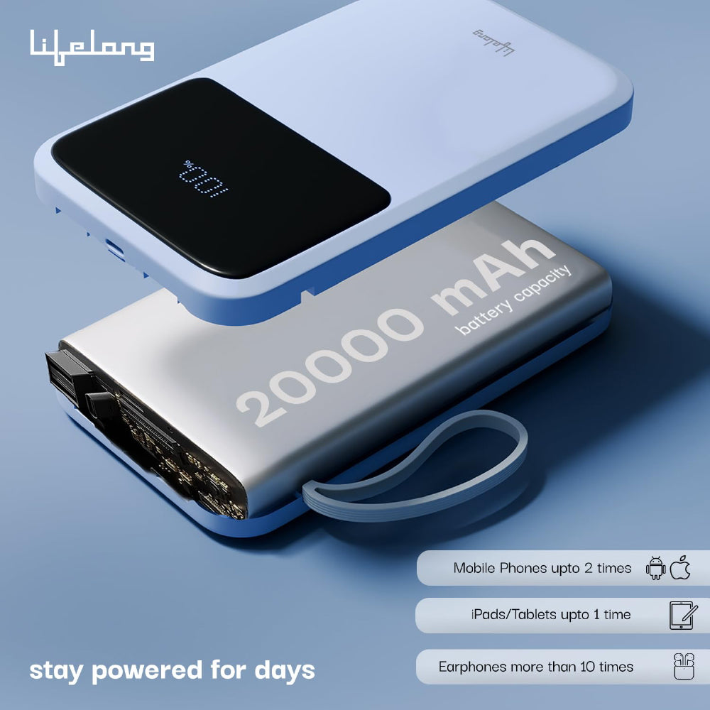 Lifelong Electronics 20000mAh 22.5W Fast Charging QC 3.0 Power Bank | 3 Inputs (in-Built Cable + Lightning + Type-C Port) | 6 Outputs (3 in-Built Cable + USB + Type-C Port) Blue - CarrotKart | India's first Open Box ecommerce platform