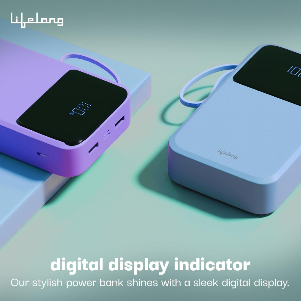 Lifelong Electronics 20000mAh 22.5W Fast Charging QC 3.0 Power Bank | 3 Inputs (in-Built Cable + Lightning + Type-C Port) | 6 Outputs (3 in-Built Cable + USB + Type-C Port) Blue - CarrotKart | India's first Open Box ecommerce platform