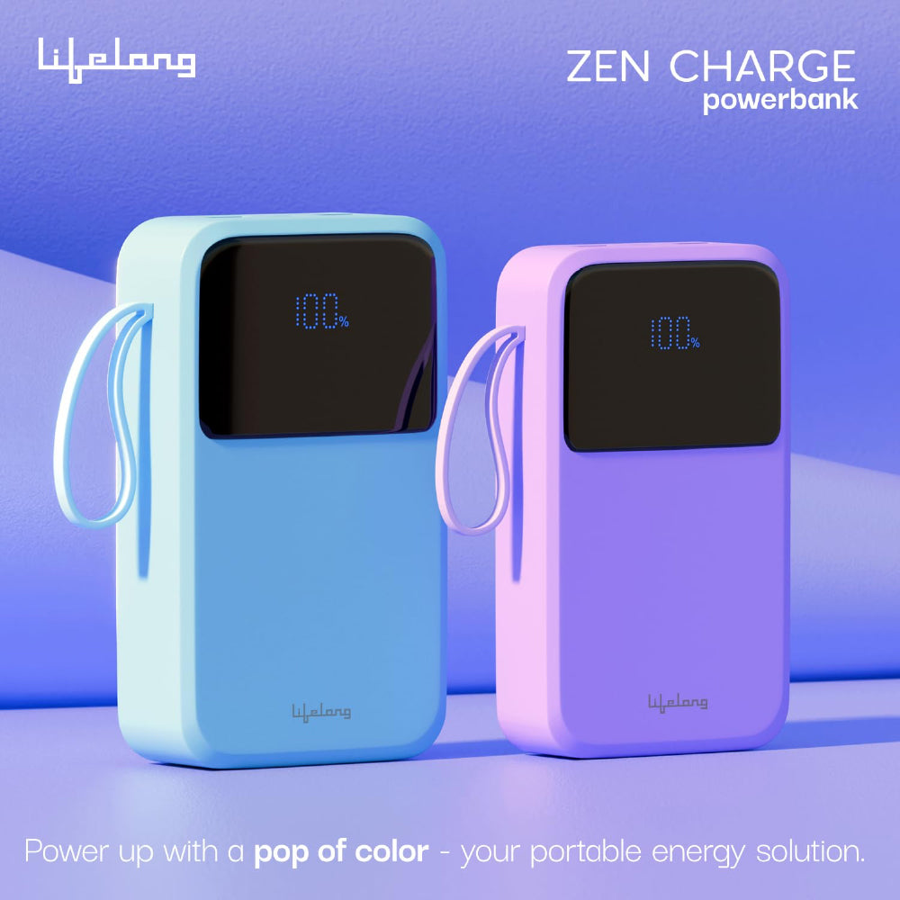 Lifelong Electronics 20000mAh 22.5W Fast Charging QC 3.0 Power Bank | 3 Inputs (in-Built Cable + Lightning + Type-C Port) | 6 Outputs (3 in-Built Cable + USB + Type-C Port) Blue - CarrotKart | India's first Open Box ecommerce platform