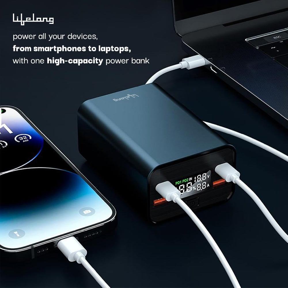 Lifelong 100W 27000 mAh 4-in-1 Fast Charging Laptop Power Bank with 2 Type C PD Output Ports & 2 USB Output Ports Compatible with Laptop, Android Smartphones, iPhones, iPad, Tablet (Metallic Blue) - CarrotKart | India's first Open Box ecommerce platform