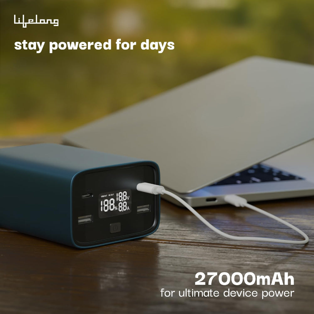 Lifelong 100W 27000 mAh 4-in-1 Fast Charging Laptop Power Bank with 2 Type C PD Output Ports & 2 USB Output Ports Compatible with Laptop, Android Smartphones, iPhones, iPad, Tablet (Metallic Blue) - CarrotKart | India's first Open Box ecommerce platform
