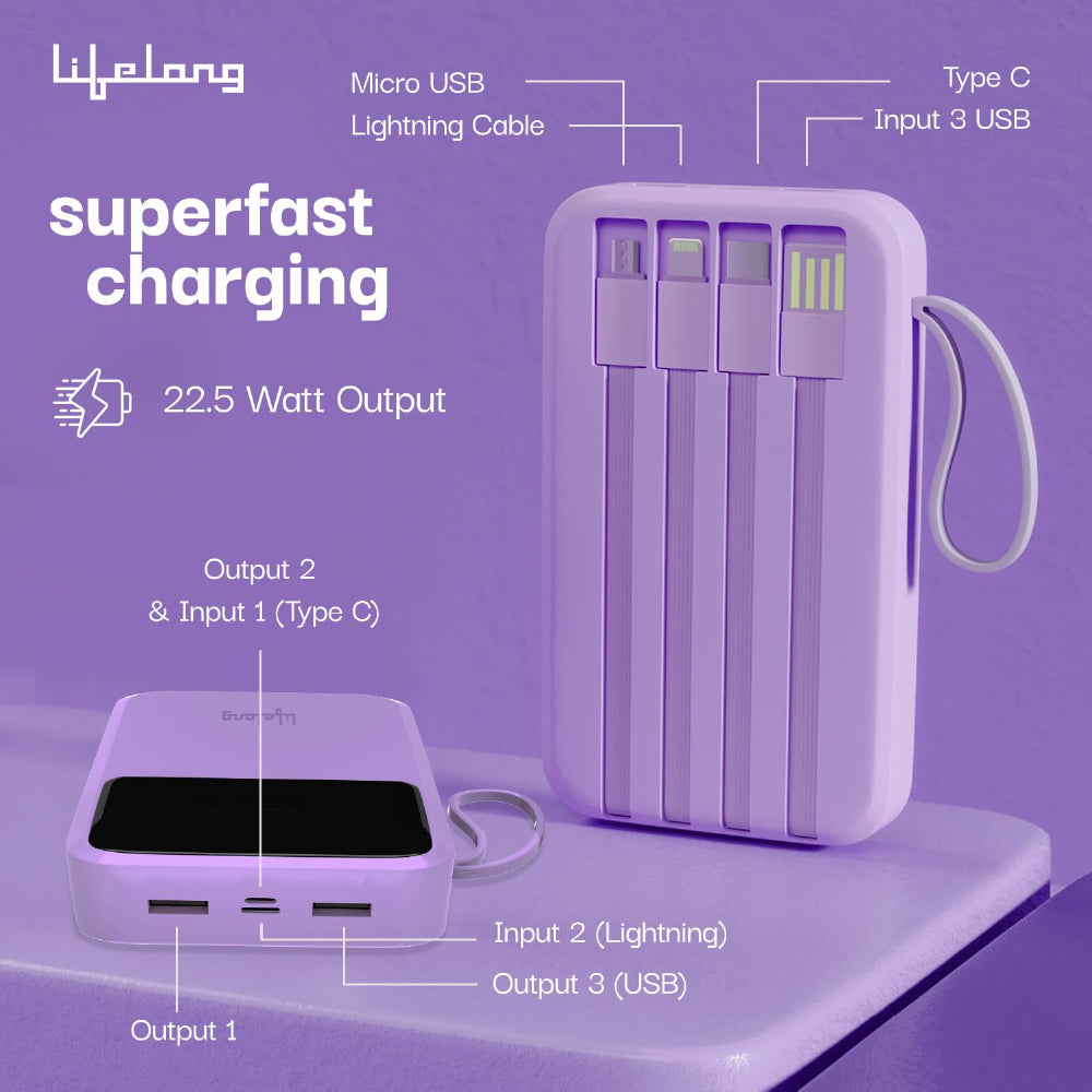 Lifelong Electronics 10000mAh 22.5W Fast Charging Power Bank | 3 Inputs (in-Built USB Cable + Lightning + Type-C Port) | 6 Outputs (3 in-Built Cables + 1 Type-C Port + 2 USB Ports) | QC 3.0 Powerbank - CarrotKart | India's first Open Box ecommerce platform