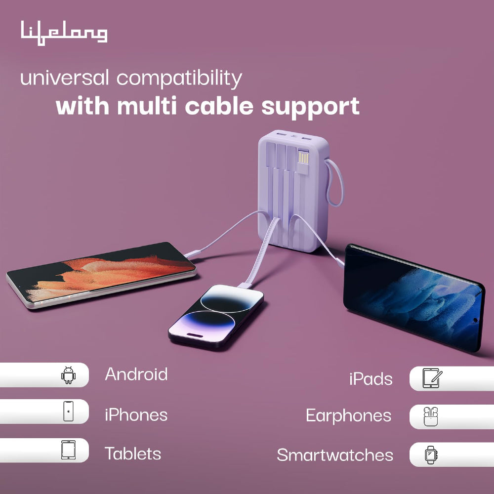 Lifelong Electronics 10000mAh 22.5W Fast Charging Power Bank | 3 Inputs (in-Built USB Cable + Lightning + Type-C Port) | 6 Outputs (3 in-Built Cables + 1 Type-C Port + 2 USB Ports) | QC 3.0 Powerbank - CarrotKart | India's first Open Box ecommerce platform