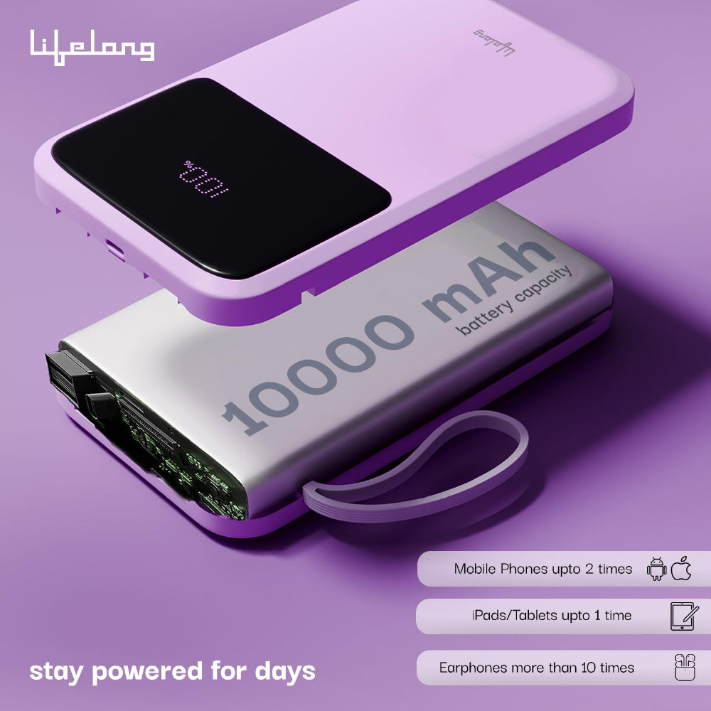 Lifelong Electronics 10000mAh 22.5W Fast Charging Power Bank | 3 Inputs (in-Built USB Cable + Lightning + Type-C Port) | 6 Outputs (3 in-Built Cables + 1 Type-C Port + 2 USB Ports) | QC 3.0 Powerbank - CarrotKart | India's first Open Box ecommerce platform