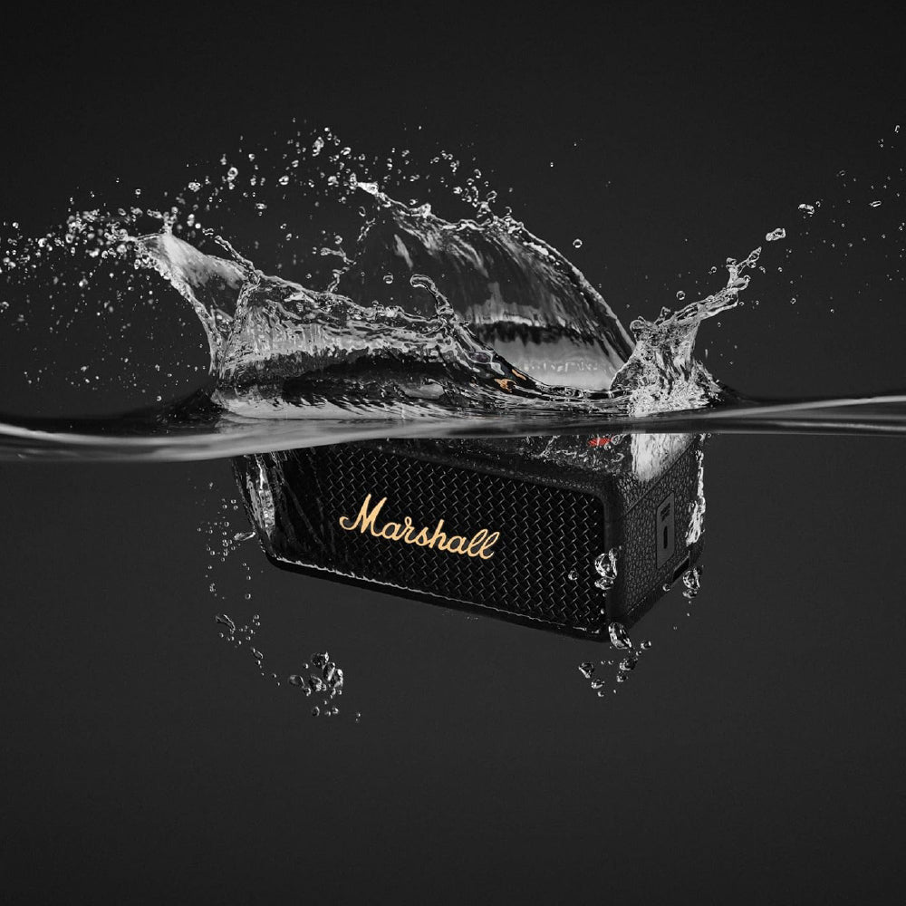Marshall Emberton III Compact Portable Bluetooth Speaker with 32+ Hours of Playtime, (360° Sound), Dust & Waterproof (IP67) – Black & Brass. - CarrotKart | India's first Open Box ecommerce platform