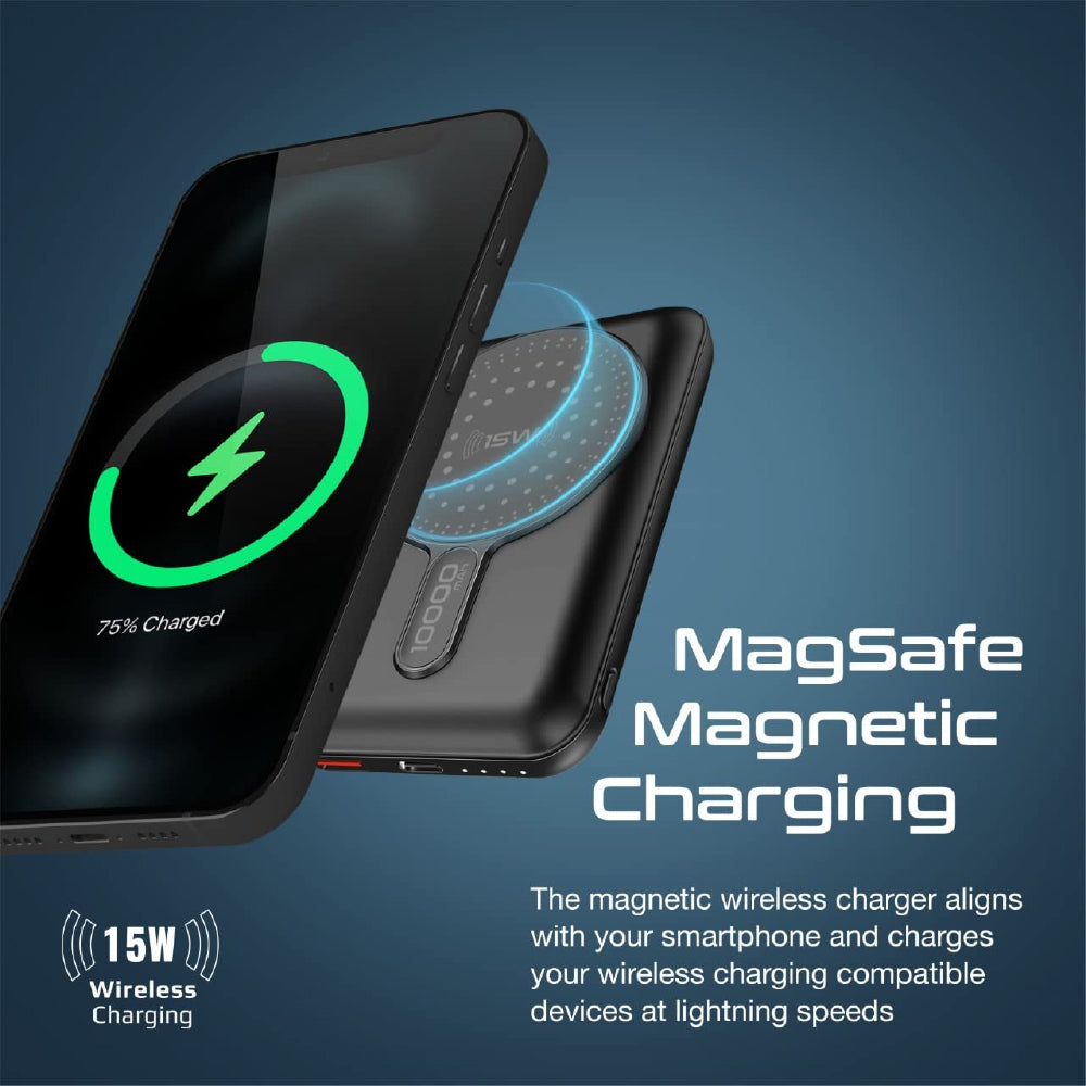Promate 10000mAh 20W USB-C PD, Magsafe 15W Wireless Power Bank Portable Charger with 18W QC 3.0 Port and Kickstand for iPhone 15/15 Plus/15 Pro/15 Pro Max/iPhone14/13/12 Series, Black, PowerMag-10Pro - CarrotKart | India's first Open Box ecommerce platform