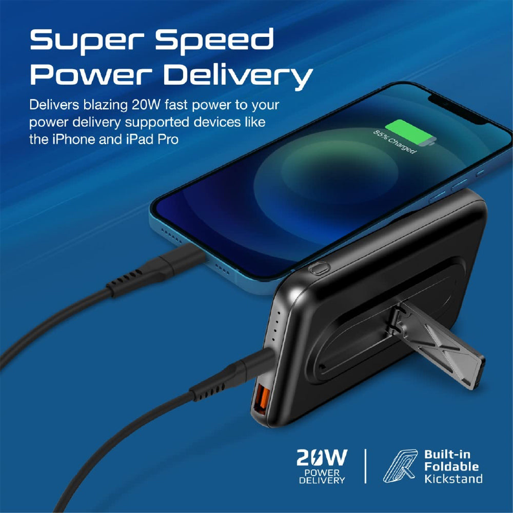 Promate 10000mAh 20W USB-C PD, Magsafe 15W Wireless Power Bank Portable Charger with 18W QC 3.0 Port and Kickstand for iPhone 15/15 Plus/15 Pro/15 Pro Max/iPhone14/13/12 Series, Black, PowerMag-10Pro - CarrotKart | India's first Open Box ecommerce platform