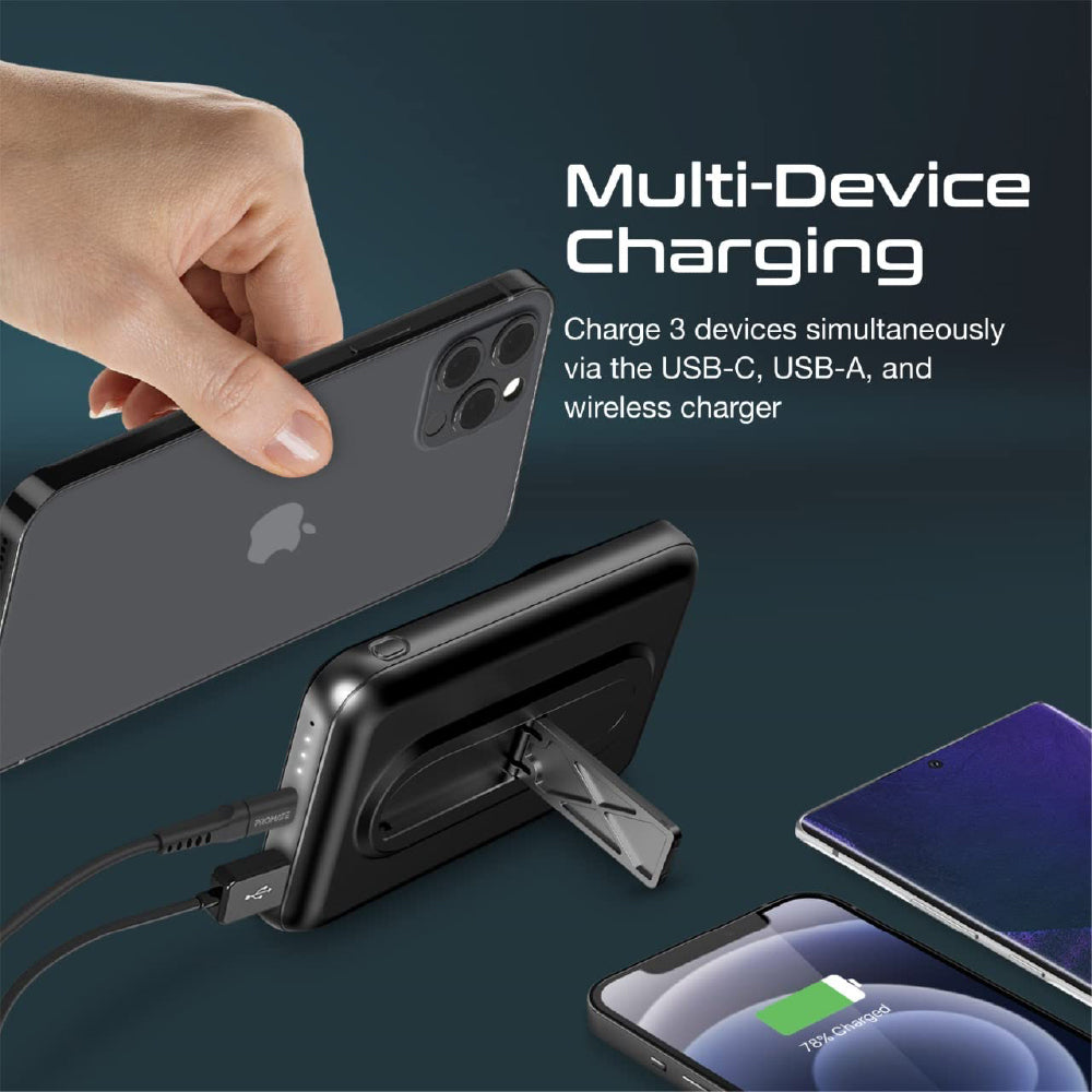 Promate 10000mAh 20W USB-C PD, Magsafe 15W Wireless Power Bank Portable Charger with 18W QC 3.0 Port and Kickstand for iPhone 15/15 Plus/15 Pro/15 Pro Max/iPhone14/13/12 Series, Black, PowerMag-10Pro - CarrotKart | India's first Open Box ecommerce platform