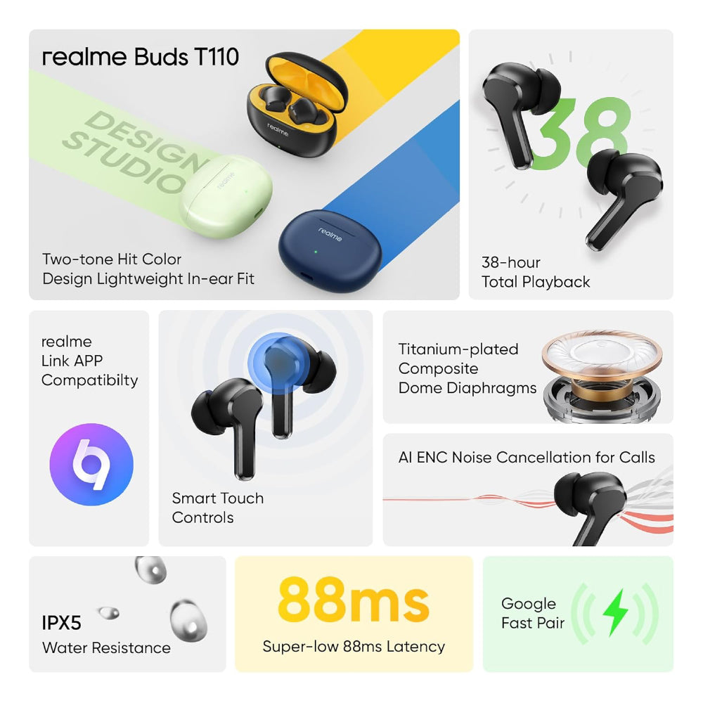 realme Buds T110 Bluetooth Truly Wireless in Ear Earbuds with mic, AI ENC for Calls, Google Fast Pair, 38 Hours Total Playback with Fast Charging and Low Latency Gaming Mode (Punk Black) - CarrotKart | India's first Open Box ecommerce platform