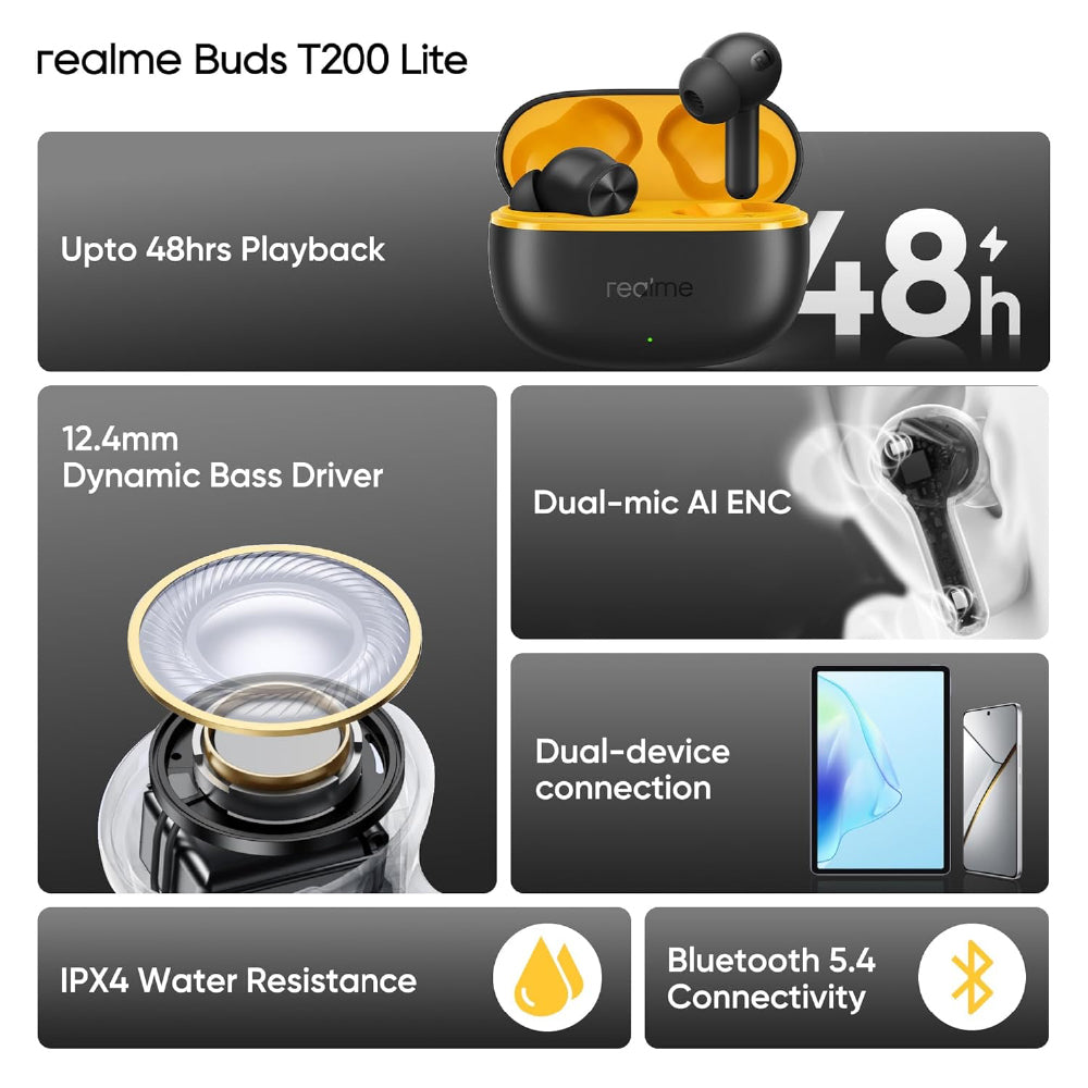 realme Buds T200 Lite Bluetooth in Ear Earbuds,4 Mic, AI ENC for Calls,48 Hours Total Playback with Fast Charging and Low Latency Gaming TWS,Google Fast Pair, with mic (Volt Black) - CarrotKart | India's first Open Box ecommerce platform