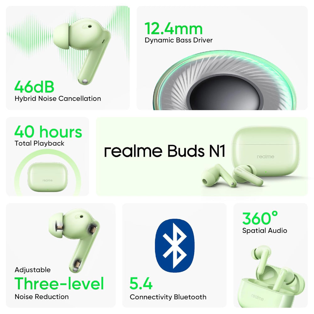 realme Buds N1 True Wireless in-Ear Earbuds with 46dB Hybrid ANC, 360° Spatial Audio, 12.4mm Dynamic Bass Driver, Upto 40Hrs Battery and Fast Charging (Energizing Green) - CarrotKart | India's first Open Box ecommerce platform