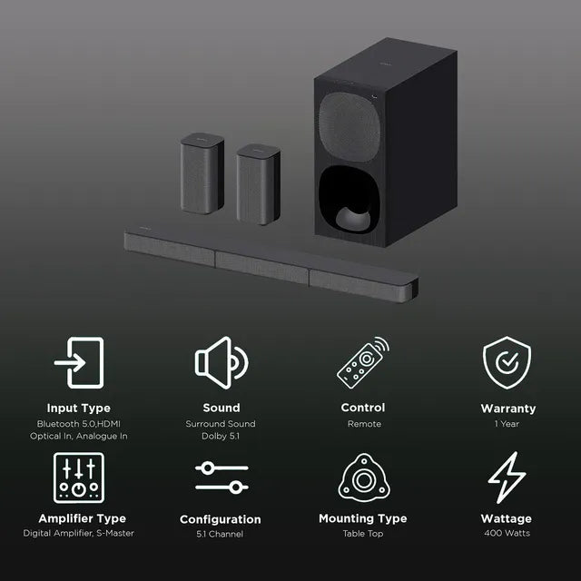 SONY HT-S20R 5.1ch Home Theatre with Digital, Subwoofer, Rear Speakers, 400 W Bluetooth Soundbar (Black, 5.1 Channel) - CarrotKart | India's first Open Box ecommerce platform