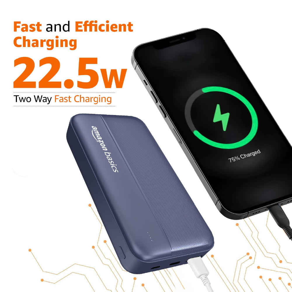 Amazon Basics 20000 mAh Power Bank | 22.5W Fast Charging | Dual Output & Input | Charge 3 Devices Simultaneously | for Smartphones, TWS Earbuds, Speakers, Tablets (Dark Blue) - CarrotKart | India's first Open Box ecommerce platform