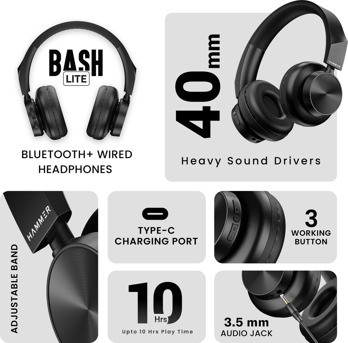 Hammer Bash Lite Wired and Wireless Headphones with Mic, Deep Bass, 40mm Drivers, Bv5.3 Bluetooth Headset (Black, On the Ear) - CarrotKart | India's first Open Box ecommerce platform